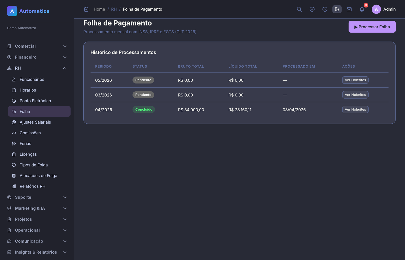 Folha de pagamento CLT com cálculos automatizados