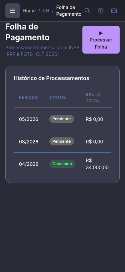 Folha de pagamento CLT em visualização mobile com cálculos automatizados