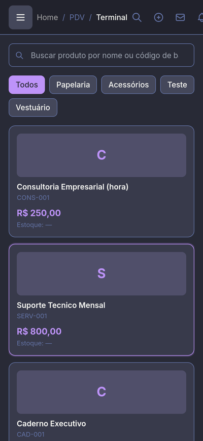 Terminal PDV em visualização mobile com emissão fiscal